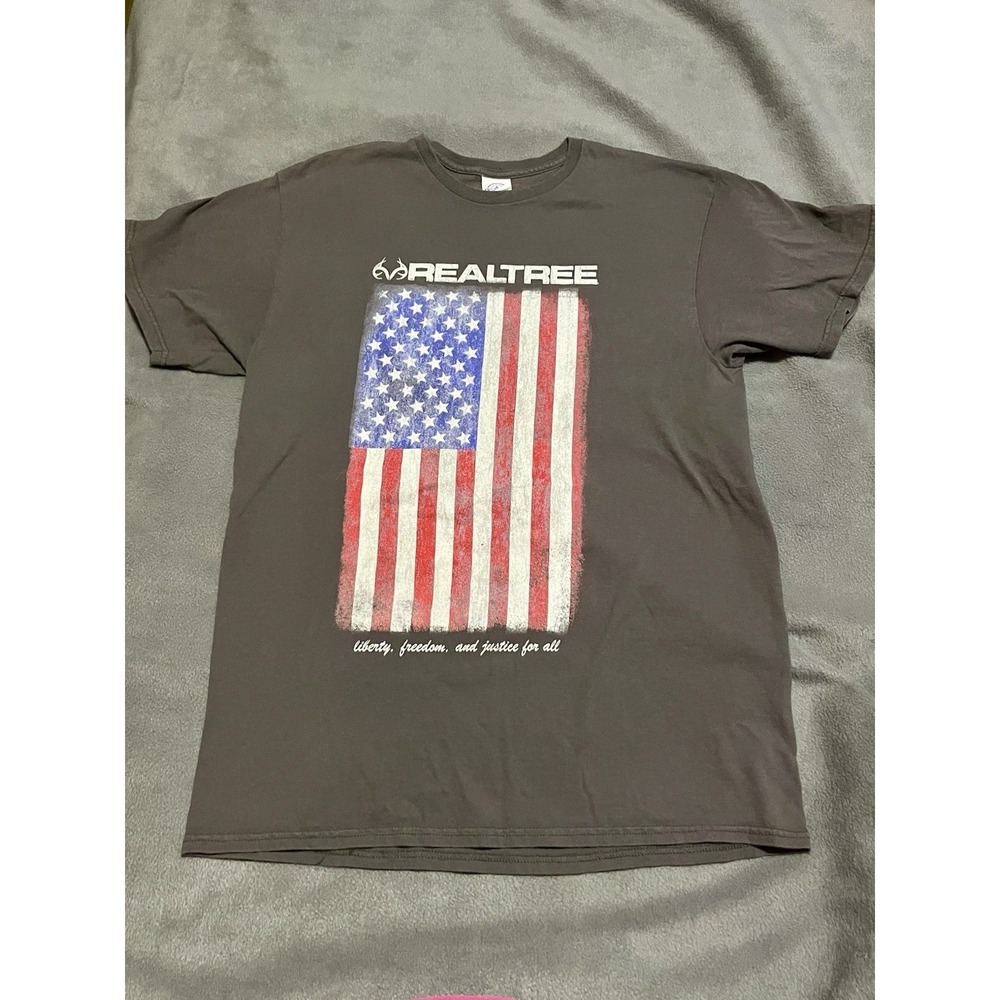 Men's Realtree T Shirt Adult Large Gray Short Sleeve USA American Flag Freedom